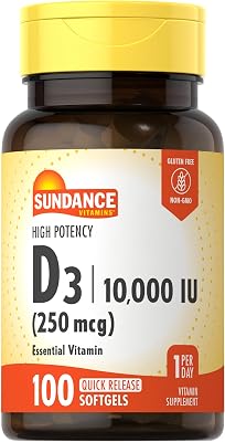 Sundance Vitamin D3 10,000 IU 250 mcg | 100 Softgels | High Potency Formula | Non-GMO and Gluten Free Supplement