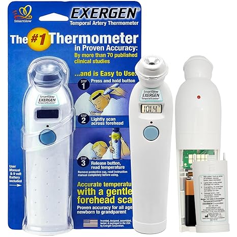 Exergen TAT-2000C Temporal Artery Forehead Thermometer for Baby Kids Adults | Displays Temperature Reading, Soft Glow, Silent Mode, Wipe Clean Sensor, 8 Reading Memory, 9V Battery Included for Family Use