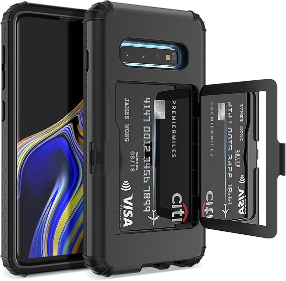 Samsung Galaxy S10 Plus Case Hard Case 3-Layer Shockproof Protection Cover Detachable Anti-Skid Multifunctional Cover Kickstand with Card Slot and Mirror for Samsung Galaxy S10 Plus Black