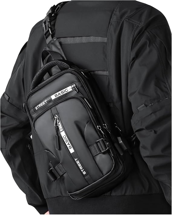 Large Black Sling Bag for Men, Shoulder Messenger Bag for Mens, Anti Theft One Strap Motorcycle Backpack Sling Chest Bag for Casual Hiking Walking Biking Travel Cycling Outdoor Sports
