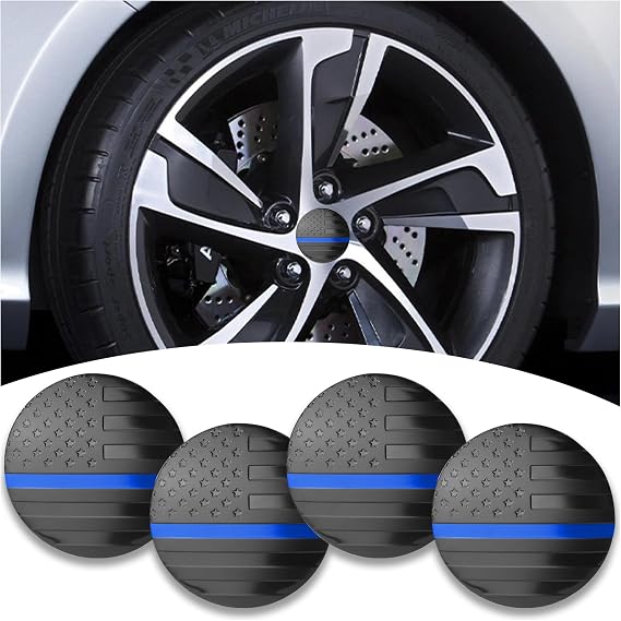 4PCS American Flag Car Wheel Center Caps Sticker,Wheel Hub Caps Sticker Compatible with 56mm/2.2 Inch Wheel Hub Caps,Automotive Exterior Accessories Center Caps for Rims Car Decorations (Black & Blue)