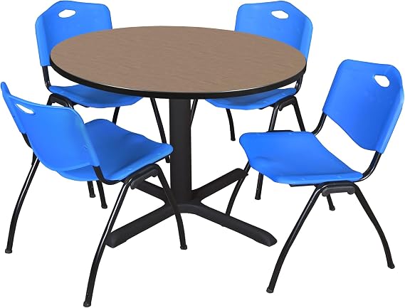 Regency Cain 48 in Round Breakroom Table and 4 Blue M Stack Chairs Set, Durable Steel X-Base Cafe Table with Lightweight Stackable Seating for Lunchrooms Restaurants & Offices (Noble Oak, Blue)