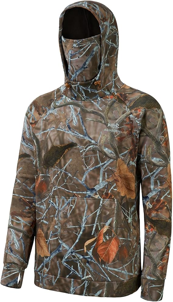 BASSDASH Mens Fishing Fleece Hoodie with Neck Gaiter Water Resistant Performance Hunting Sweatshirt FS18M