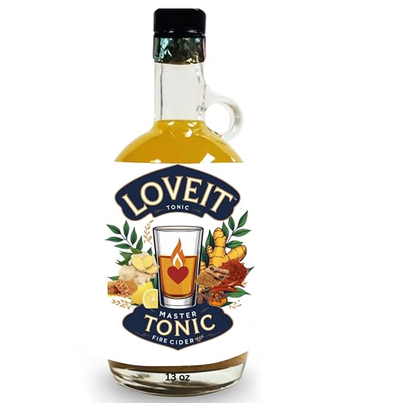13oz Organic Fire Cider Master Tonic Juice | TASTE & SEE | with Cinnamon, Cloves, Natural Apple cider vinegar, Lemon, Ginger, Turmeric, Cayenne pepper, Honey, Water