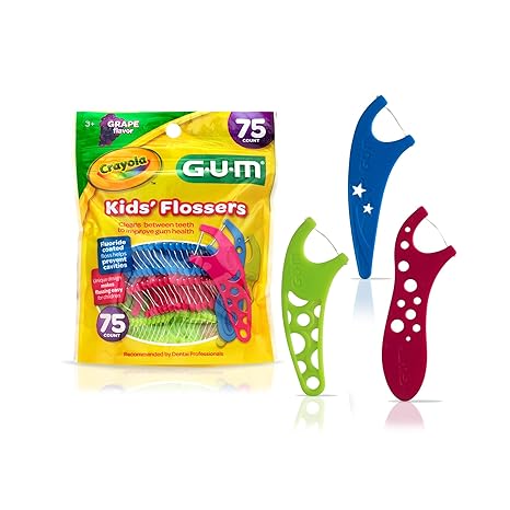 GUM Crayola Kids Flossers with Fluoride, Designed for Little Hands, Fun Grape Flavor, Easy-to-Use Dental Floss Picks for Children Ages 3+, 75 Count