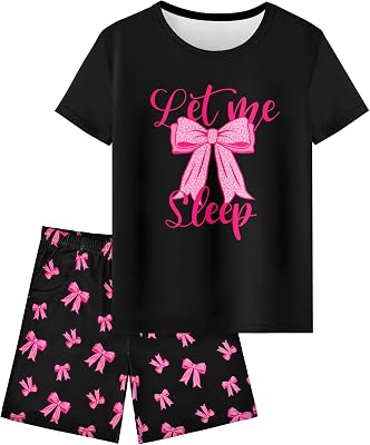 Sylfairy Girls Pajamas Sets Short Sleeve Summer Pjs for Girls Bow Sleepwear Kids Clothes Sets Size 3-16