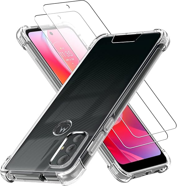 KIOMY Clear Case for Motorola Moto G Power 2022 with 2pcs HD Tempered Glass Screen Protectors Hybrid Hard PC Panel with Flexible TPU Frame Shockproof Bumper Protection Transparent Cover