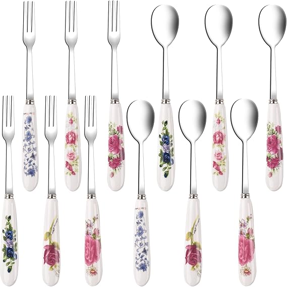 JEPELUS 12Pcs Forks and Spoons with Ceramics Handle, Flatware Set for 6 | Floral Pattern, Stainless Steel, Tea Spoons and Appetizer Forks Included, Flatware Sets for Home Restaurant Kitchen