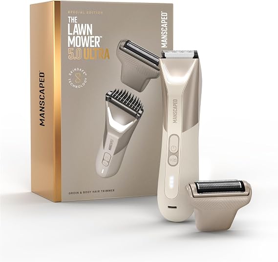 MANSCAPED® The Lawn Mower® 5.0 ウルトラ鼠径&ボディヘアトリマー – デュアルヘッドSkinSafe®トリマー&ホイルブレード、防水グルーマー、USB-C充電式トラベルケース、メンズボールシェーバー、デザートサンド。