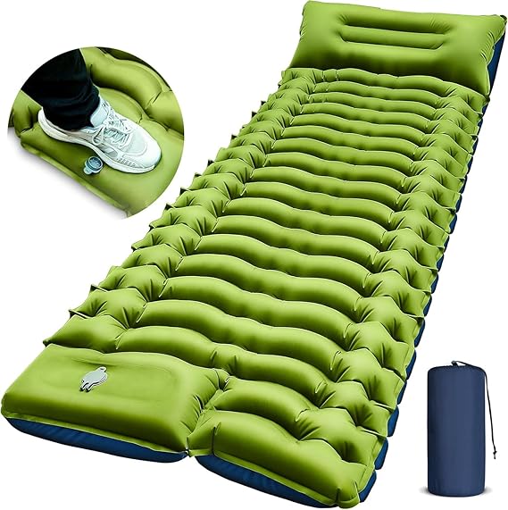 Yuzonc Camping Sleeping Mat, Self-Inflating, Thickened Air Mattress with Foot Press Pump & Cushion, Single, Green, Compact and Lightweight for Outdoor Use