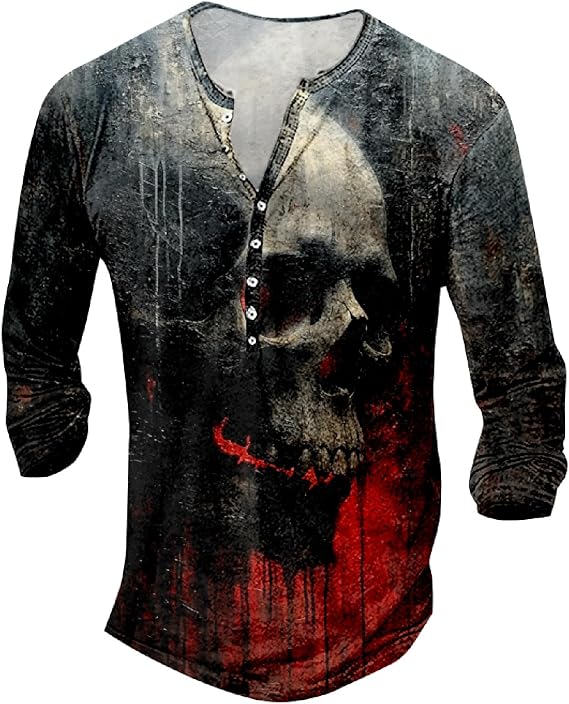 DMOYALA Mens Distressed Henley Shirts Long Sleeve Cotton T-Shirts Vintage Graphic Tee Washed Streetwear Retro Tee