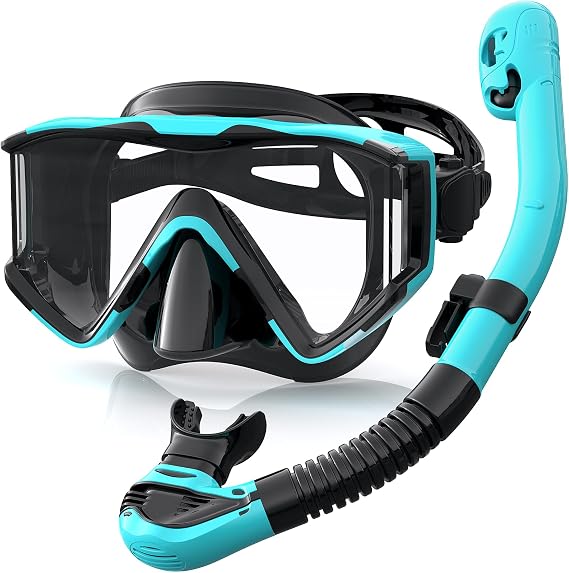 Snorkel Set Adults, 3 Window Panoramic Mask, Anti-Fog Dry Top | Comfortable silicone skirt, secure fit, easy packing with mesh storage, ideal for vacations and water adventures