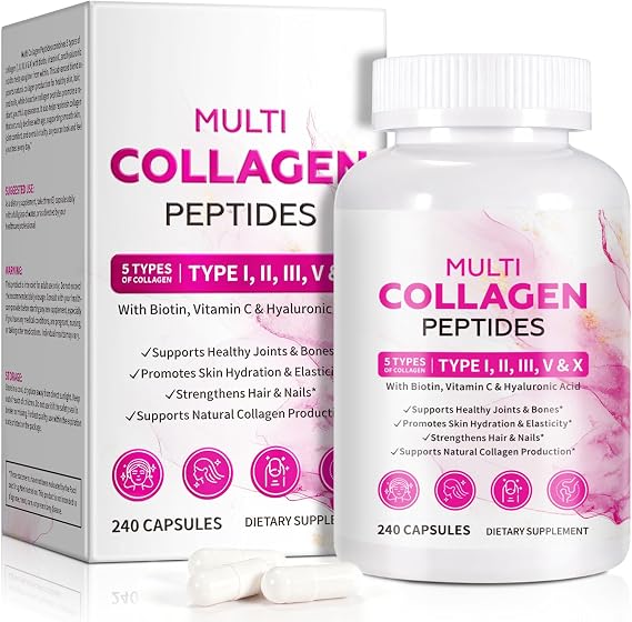Collagen Capsules with Multi-Type Hydrolyzed Collagen Peptides, Biotin, Vitamin C & Hyaluronic Acid Supports Skin Smoothness, Hair Strength, Nail Health & Joint Comfort 240 PCS