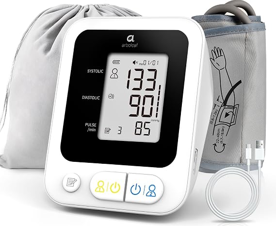 arboleaf Blood Pressure Monitor for Home Use, Digital Upper Arm BP Machine with Voice Broadcast, Large LCD Display, Accurate Readings, Rechargeable, 2-User Memory, Wide Cuff 8.718.9"
