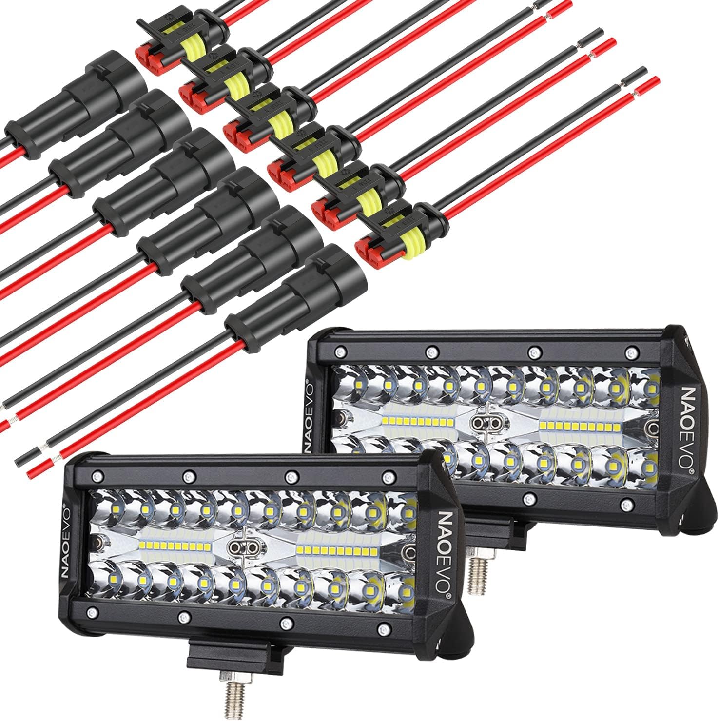 NAOEVO 7inch LED Light Bar Offroad Fog Light Driving Lights LED Pods with Spot Flood Combo Beam, 2 Pin Connector Waterproof Wire Connectors