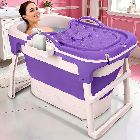 Portable Bathtub with Seat[No Installation] - 41inch Foldable Bath Tub for Adults | Folding Collapsible Bathtub with Drain Pipe & Massage Roller for Bathroom | Ideal for Small Space Purple