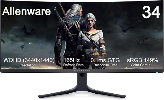 Dell Alienware 34 Curved QD-OLED Gaming Monitor - 34.18" WQHD (3440x1440) 21:9-165Hz - 0.1ms GTG - 1800R - DCI-P3 99.3% - sRGB 149% - AMD FreeSync Premium Pro - VESA AdaptiveSync Display