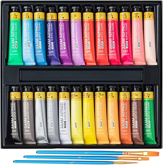 Acrylic Paint Set with 24 Colors(0.74 oz, 22 ml), 3 Brushes, Acrylic Papier, Painting Supplies for Artist & Hobby Painters, Art Supplies for Canvas Painting