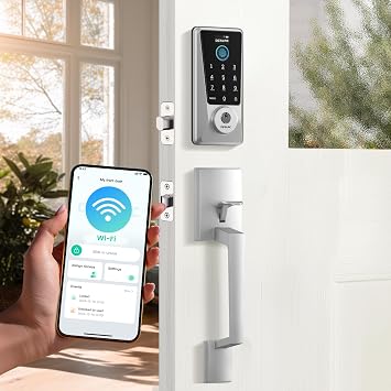 DESLOC D110 Plus Built-in Wi-Fi Smart Lock with Handle Set, Fingerprint Keyless Entry Door Lock, App Remote Control, Smart Locks for Front Door, Keypad deadbolt with Visible Display, Auto-Lock, Silver