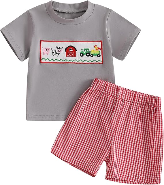 SAYOO Toddler Baby Boy Farm Clothes Western Farm Chicken/Tractor Embroidery Shirt Gingham Short Farm Animal Stuff Outfit
