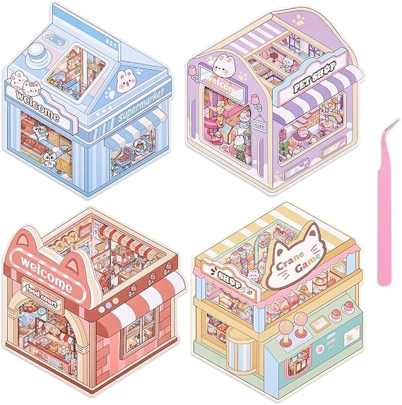 ICCEEMEE 4 Sets 3D Miniature Scene Stickers, DIY Diorama Stickers Bunny Pet Shop Midnight Food Street Kitty Market Furry Paw House for Adults & Kids Stress Relief Fun Pastime