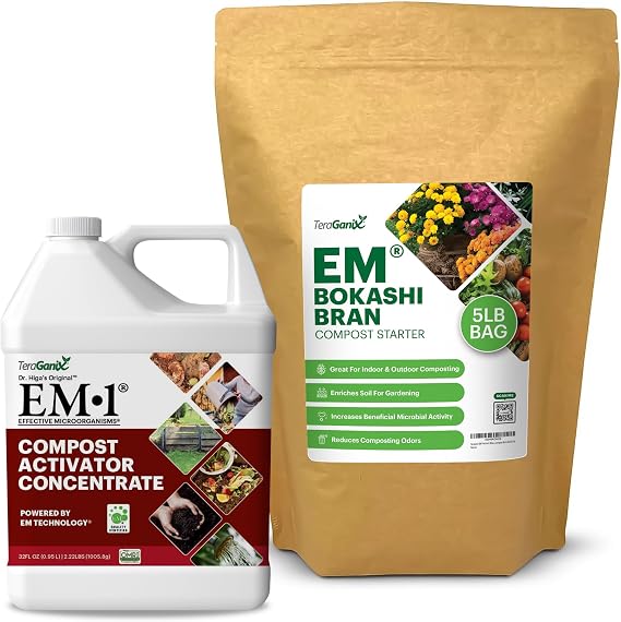 TeraGanix Compost Accelerator & EM Premium Bokashi Bran Bundle, Speed Up Composting, Reduce Odors, USDA Organic Liquid Compost Starter & Bokashi Rice Bran Mix for Fast, Efficient Decomposition & Healt