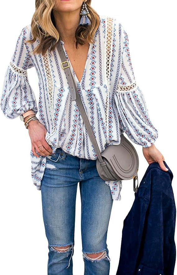 ZXZY Women Long Sleeve V Neck Hollow Out Floral Print Shirt Tops Long Blouse Tee