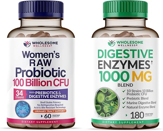 Wholesome Wellness Dr. Formulated Raw Probiotics for Women 100 Billion CFUs + Digestive Enzymes 1000MG Plus Prebiotics & Probiotics Supplement Bundle