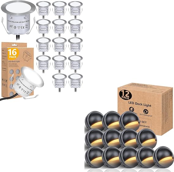 HIBOITEC 16Pack Recessed LED Deck Light(White) + 12Pack Stair Railing Light
