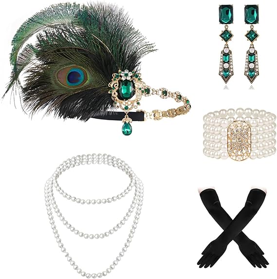 Great Gatsby Accessories for Women - 5Pcs 1920s Flapper Headpiece Set with Feather Headdress