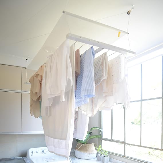 Ceiling Mounted Pulley Drying Rack Space-Saving Laundry Room Solution Aluminum Clothesline with Mesh Shelf for Delicates Easy to Install (47.3"x23.6")