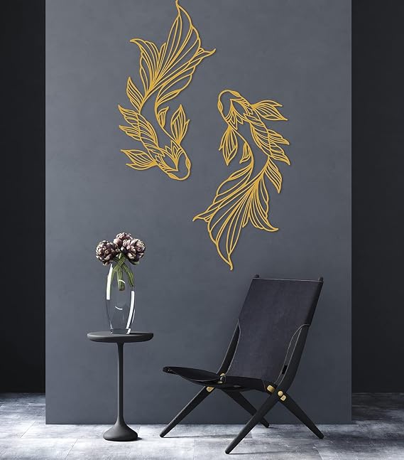 DecoSoul Koi Fish Metal Wall Art, School of Fish Family Interior Wall Decor, Koi Metal Fish Wall Decor, Feng Shui Home Design, Bedroom Decor, Livingroom Decor (Gold-27.55 x 14.9 / 70 x 37.9 cm)