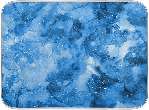 Absorbent Dish Drying Mat for Kitchen Counter - Blue Watercolor Microfiber Drying Pad, Reversible Drainer Mats for Countertop, Large 18 x 24 inch