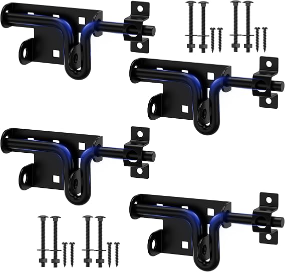 TRIPLE DEER Heavy Duty Sliding Bolt Gate Latch with Padlock Hole & Carriage Bolt, Slide Bolt Hardware for Wooden Fence/Yard Fence/Shed Door/Barn Door, Black, 4 Pack