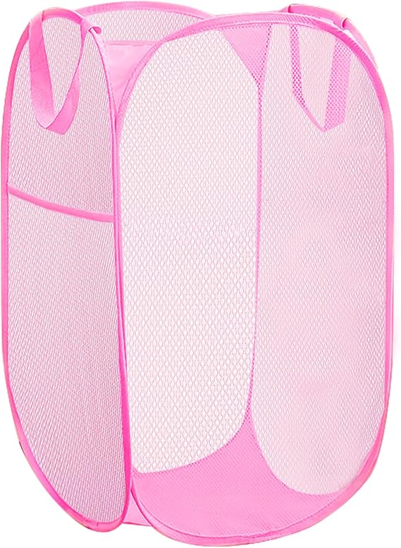 Portable Mesh Pop Up Laundry Hamper Reinforced Pink Vertical Collapsible Laundry Basket With Strong Handles for Easy Storage, Suitable for Bedroom, College Dorms, Travel, RV