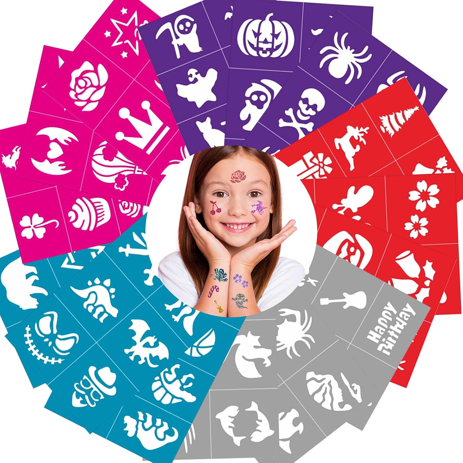 Face Paint Stencils for Kids Reusable, 100 Pcs Face and Body Tattoo Stencils, 5 Themed-Unique Design for Birthday, Halloween, Christmas Party