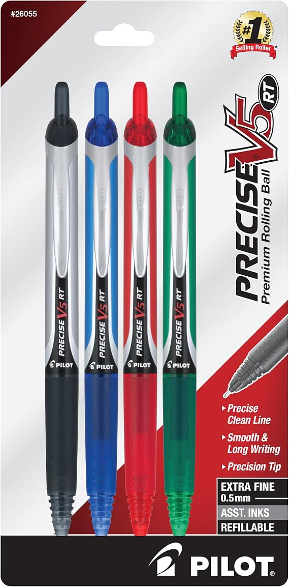 PILOT Precise V5 RT Pens, 0.5 mm, Black/Blue/Red/Green, Pack of 4