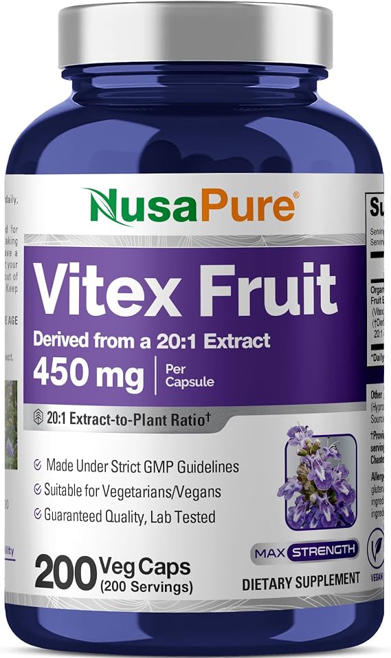 NusaPure Vitex Chasteberry Capsules, 450 mg, 200 Veg Capsules (Non-GMO, Vegan)
