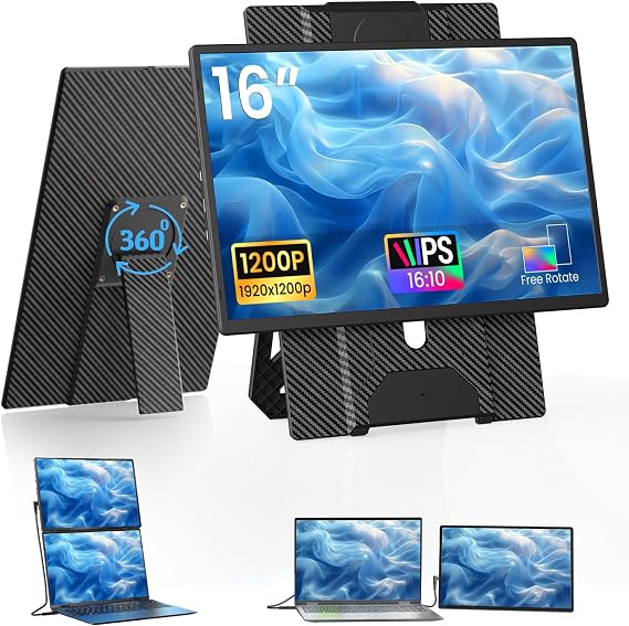 Laptop Screen Extender Portable Monitor - Dual 16" 1200P FHD Travel Monitor Fit for 13-17" Laptops Plug & Play 360 Rotating Detachable Stand Height Adjustable for Travel/Work/Study