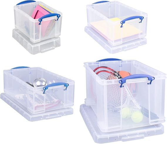 Really Useful Box Plastic Storage (Bonus Pack of 4) 48 Litre + 12 Litre + 9 Litre + 3 Litre Clear