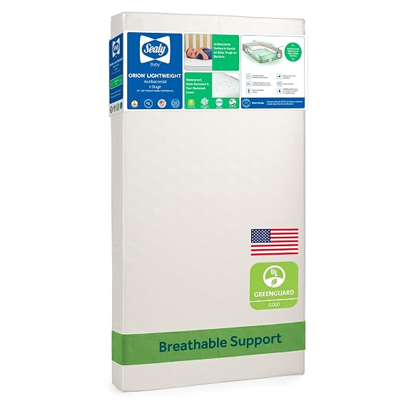 SEALY BABY 2-Stage Dual Firm Crib Mattress, Breathable Infant & Toddler Mattress with Medical-Grade Waterproof Cover, GREENGUARD Gold Certified, Made in USA, 52 x 28 Inches