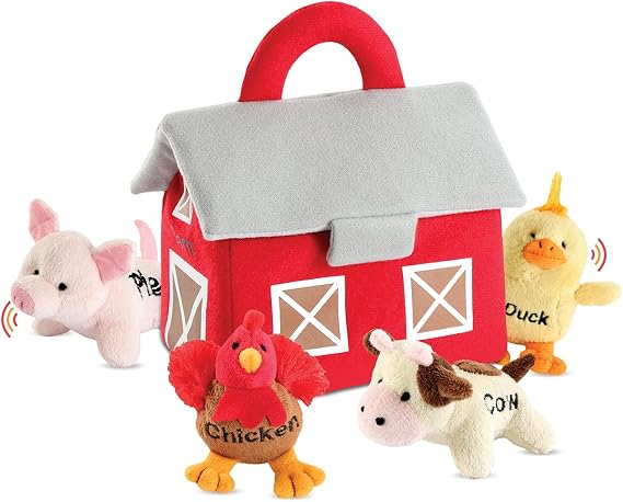 Plush Farm Animal Toys with Realistic Sounds - Plushie Play Set with Barn Carrier