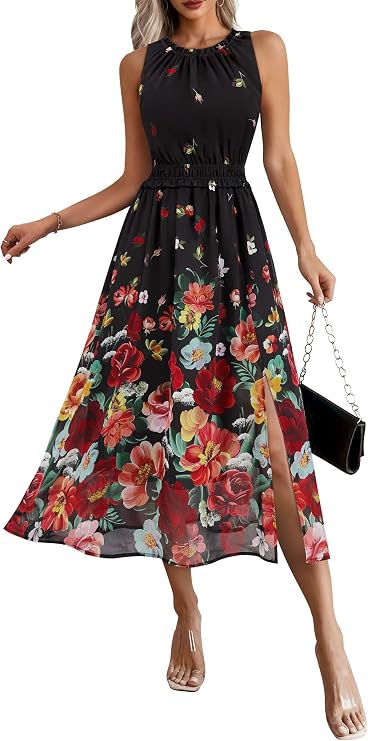 VFSHOW Womens Summer Casual Ruffle Crew Neck Midi Long Dress Sleeveless Wedding Guest Pocket Flowy A Line Tunic Sundress