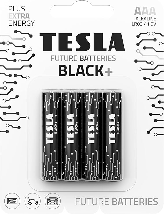 Tesla Batteries Black+ AAA Maximum Power Alkaline Batteries, 10- Year Shelf Life, A Long-Lasting Battery Life, Leak-Free, 4 Count [Pack of 1]