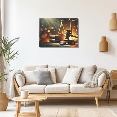 Scales of Justice Canvas Wall Art Framed Gavel and Balance Legal Symbols Courtroom Decor HD Waterproof Print Ready to Hang for Law Office
