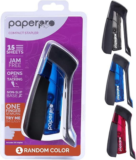 PaperPro Compact Classic Desktop Stapler, 15 Sheet Capacity, No Effort, Includes 105 Staples, One Finger, 80% Easier Stapling, Assorted (Colors May Vary)