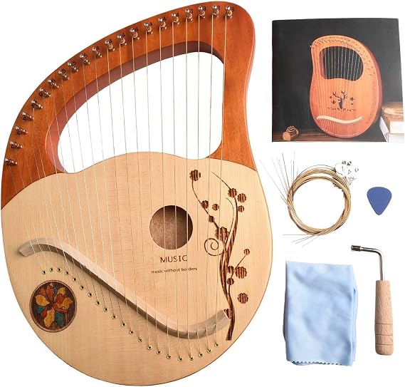 21 String Lyre Harp, Solid Mahogany Wood Musical Instrument with Tuning Wrench, Spare Strings and Cleaning Cloth for Beginners, Adults and Kids, Folk World Music