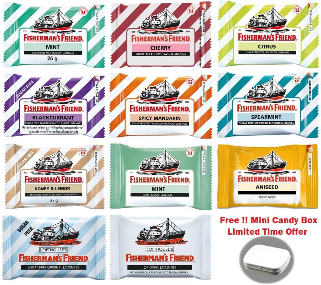 11 Flavors of Thai Fisherman s Friend Lozenges Each Pack Size 25 Gram 20-22 lozenges with Candy Box