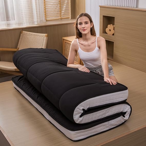 MAXYOYO Black Futon Mattress, Padded Japanese Floor Mattress Quilted Bed Topper, Extra Thick Folding Sleeping Pad Breathable Floor Lounger Guest Bed, Queen