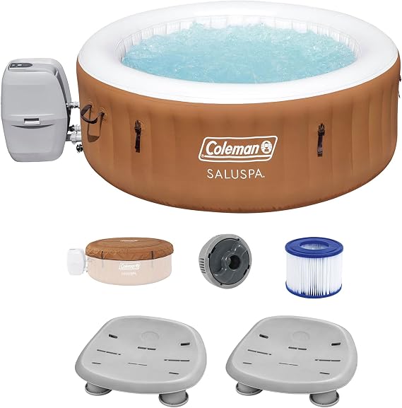 Bestway Coleman Miami AirJet Inflatable Hot Tub with EnergySense Cover and 2 SaluSpa Underwater Non-Slip Spa Seat with Adjustable Legs